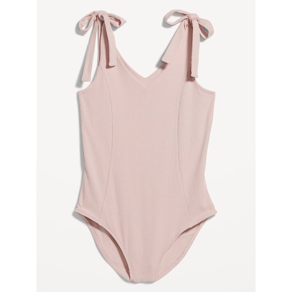 Tie-Shoulder V-Neck Rib-Knit Bodysuit Abalone Pink Old Navy Size XS Dance Ballet